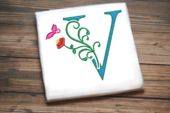 Floral Letter V with Butterfly
